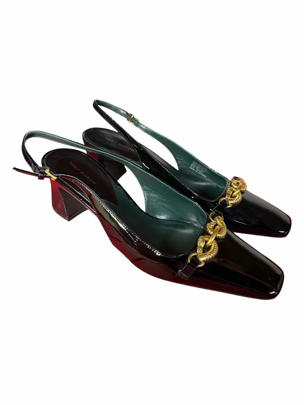 Tory Burch Jessa Slingback Pumps Black Patent Leather Gold Horsebit Size 9.5